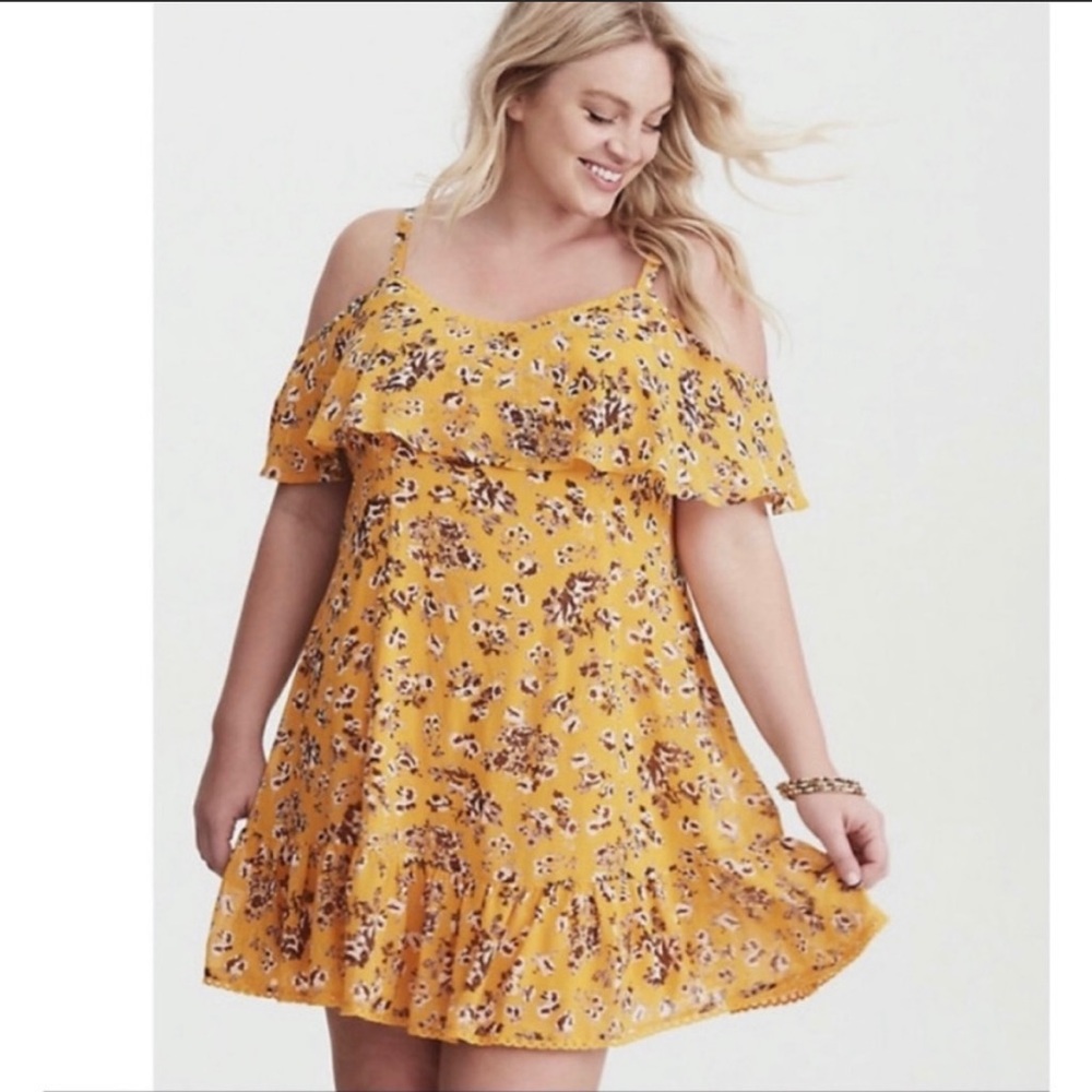Torrid Cold Shoulder Yellow Floral Ruffle Mini Dress Sz 00